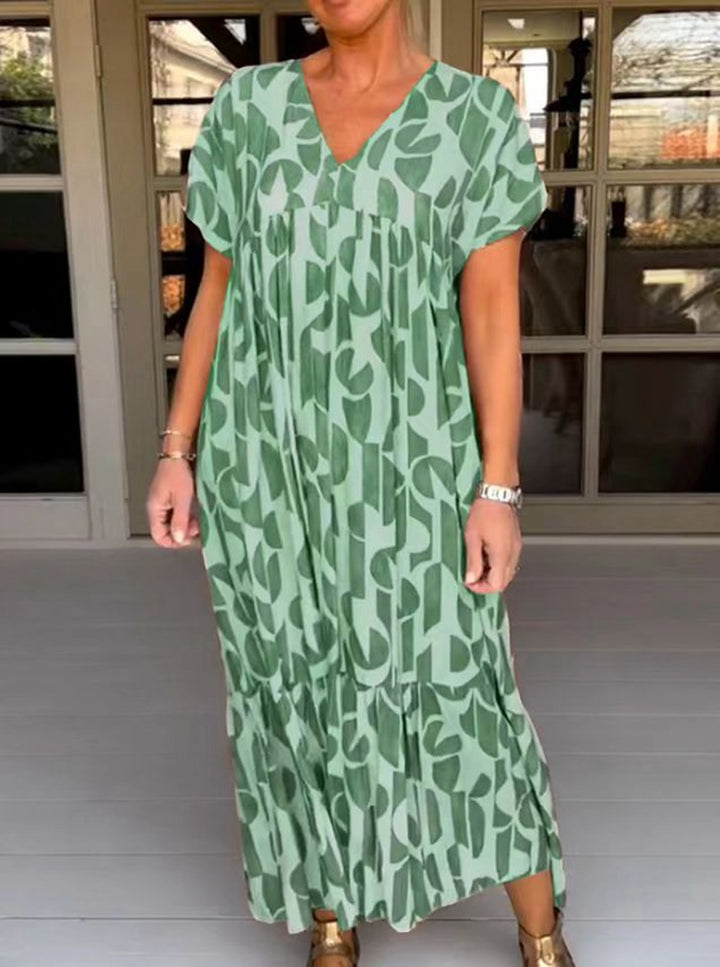 Damen nan voluminöses Maxikleid mit Unterbrustnaht, V-Ausschnitt, kurzen Kimonoärmeln und Stufenvolant Drune