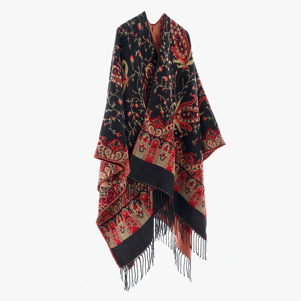 Damen Jacquard Überwurfcape aus feinem Strick mit Paisley-Bordüre Drune