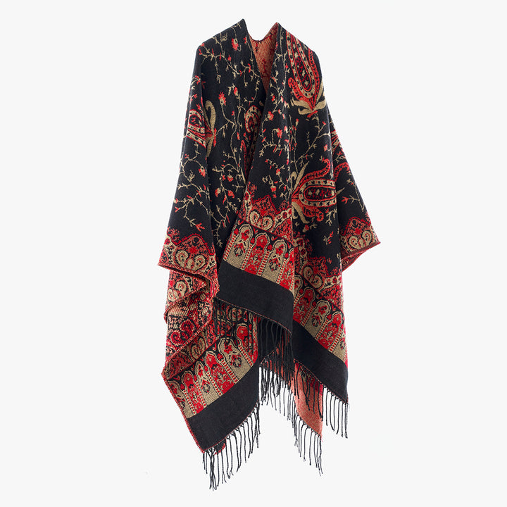 Damen Jacquard Überwurfcape aus feinem Strick mit Paisley-Bordüre Drune