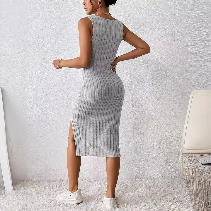Damen Enganliegendes Ripp-Kleid mit Seitenschlitz und Spaghetti-Trägern Drune