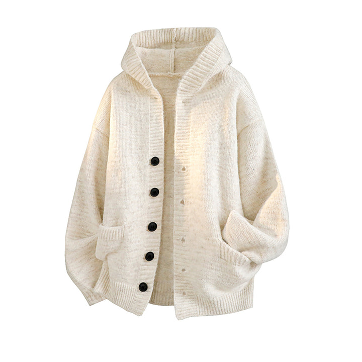 Damen Gemütliche Strickjacke mit Kapuze und Knöpfen Drune