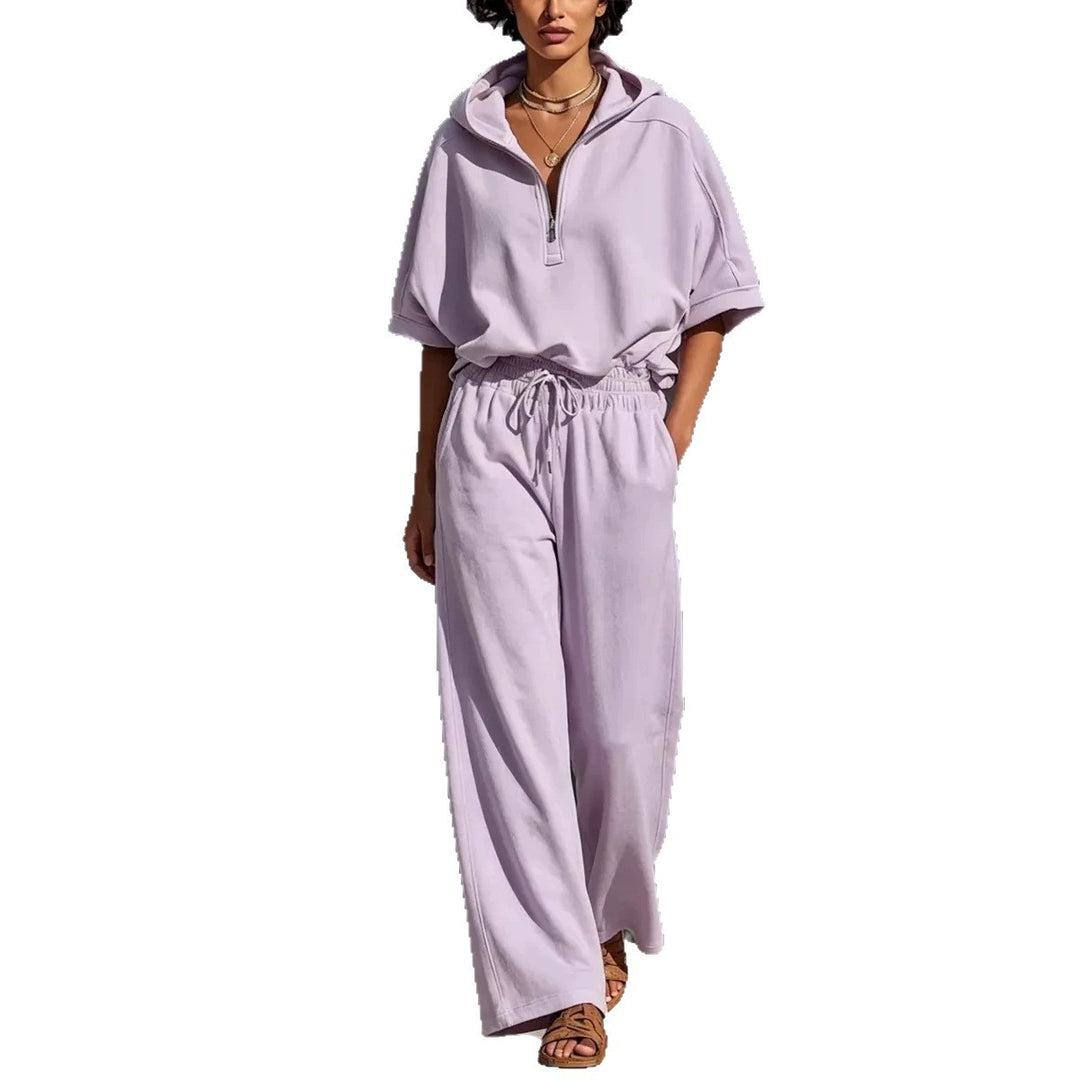 Damen Lässiges Lounge-Set mit Kapuzenpullover mit halbem Reißverschluss und weiter Palazzohose Drune