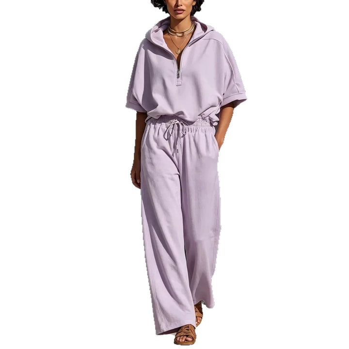 Damen Lässiges Lounge-Set mit Kapuzenpullover mit halbem Reißverschluss und weiter Palazzohose Drune