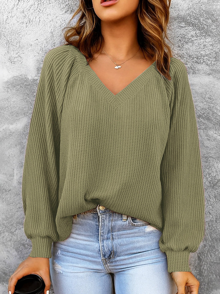 Damen Feinstruktur-Strickpullover mit V-Ausschnitt, Ballonärmeln und Rippbündchen Drune