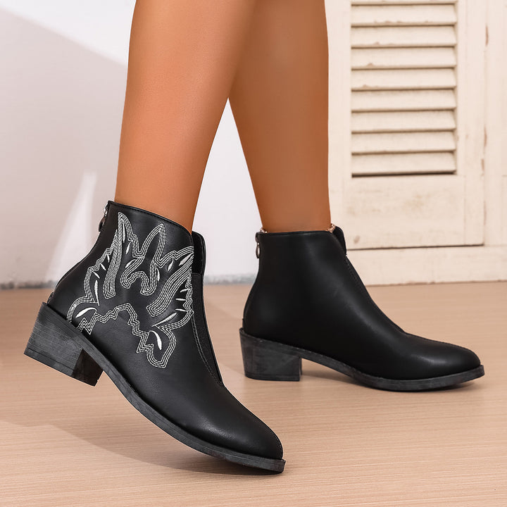 Damen elegante Ankle-Boots mit dekorativen Stickdetails und bequemem Blockabsatz Drune