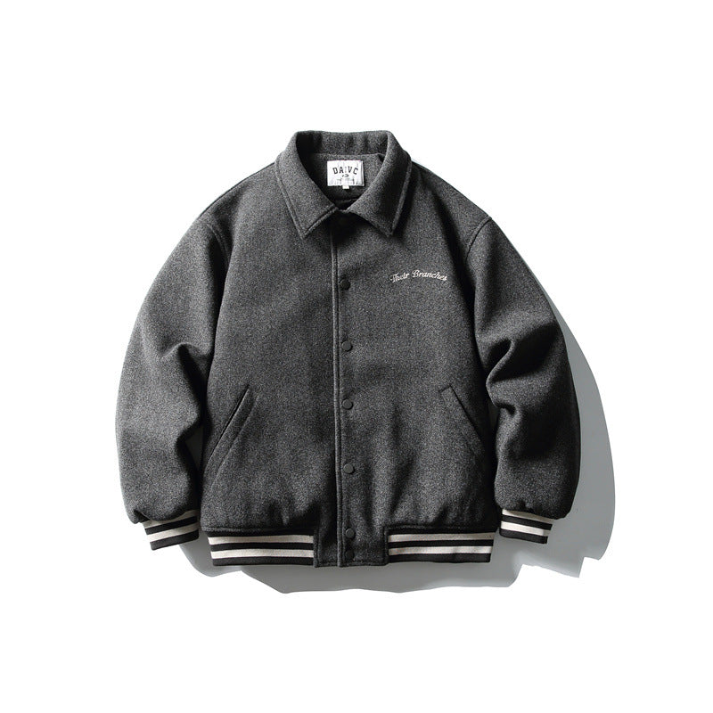 Herren Boxy College‑Blousonjacke aus Wollmix mit Druckknopfverschluss und gestreiften Rippbündchen Drune