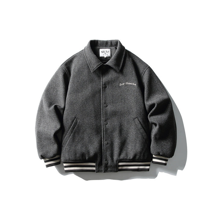 Herren Boxy College‑Blousonjacke aus Wollmix mit Druckknopfverschluss und gestreiften Rippbündchen Drune