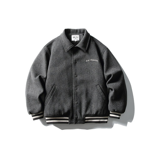 Herren Boxy College‑Blousonjacke aus Wollmix mit Druckknopfverschluss und gestreiften Rippbündchen Drune