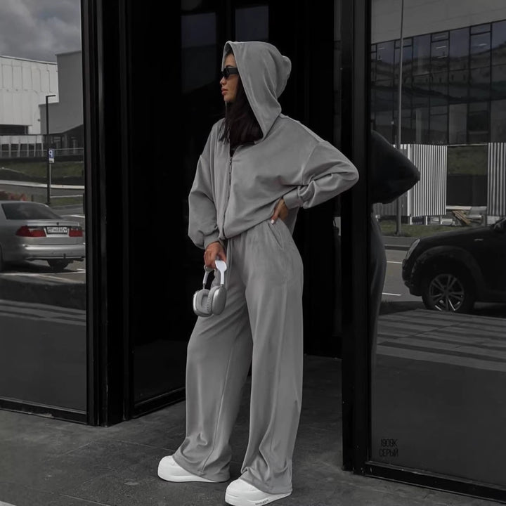Damen luxuriöses Velours-Lounge-Set mit kurzem Reißverschluss-Hoodie und weitem High-Waist-Hose Drune