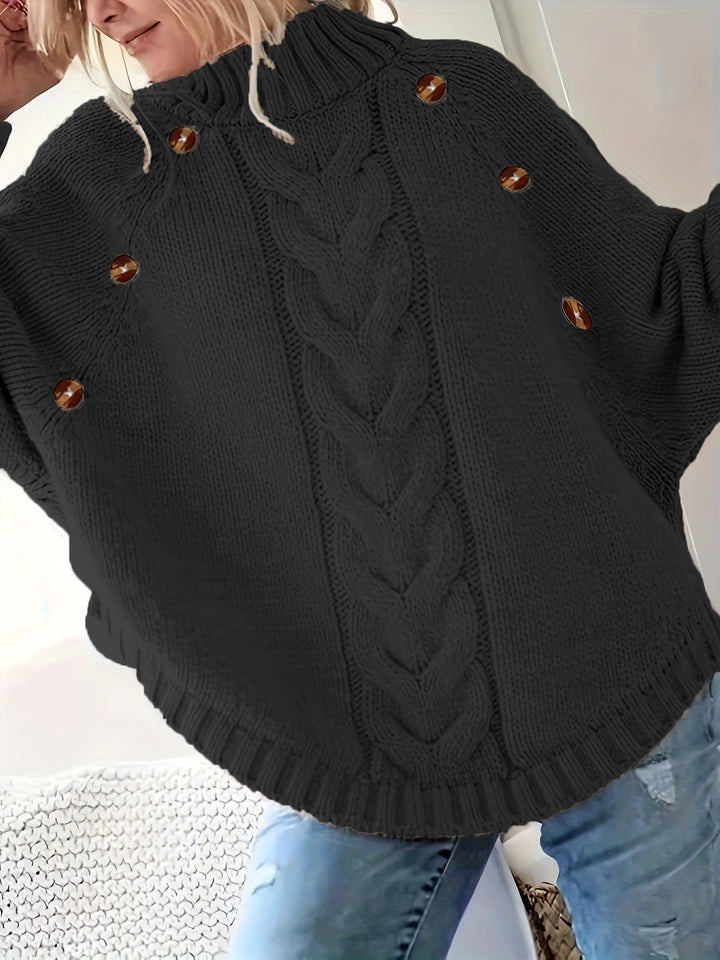 Damen Grober Strickpullover mit hoher Kragenpartie und Knopfdetails Drune