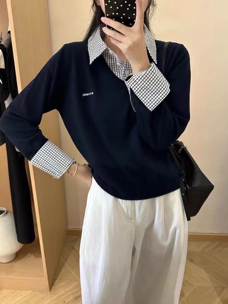 Damen lässiger V-Pullover mit Hemdkragen und ausgefallenem Design Drune
