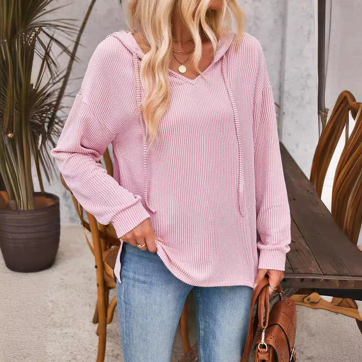 Damen lässiger Sweater mit V-Ausschnitt und Kordelzug Drune