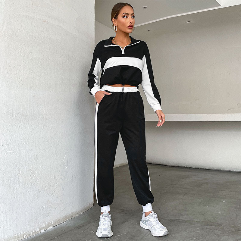 Damen Sportives Crop-Trainingsset mit Half‑Zip, Kontraststreifen & Tunnelzughose Drune