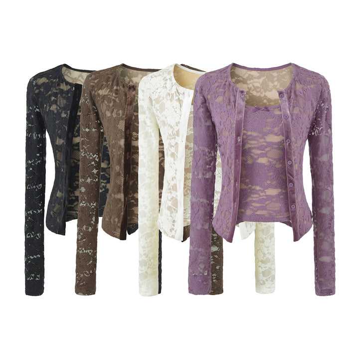 Damen Feiner Spitzen-Cardigan mit passendem Untertop und Samtbesatz Drune