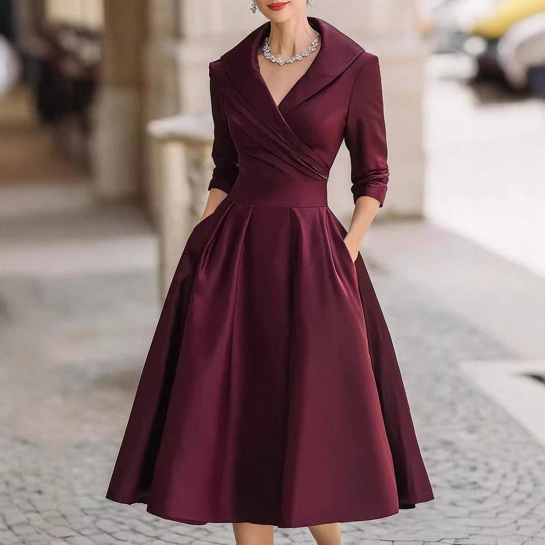 Damen Elegantes Satin-Midikleid mit Wickeloberteil, mittellangen Ärmeln und Eingrifftaschen Drune