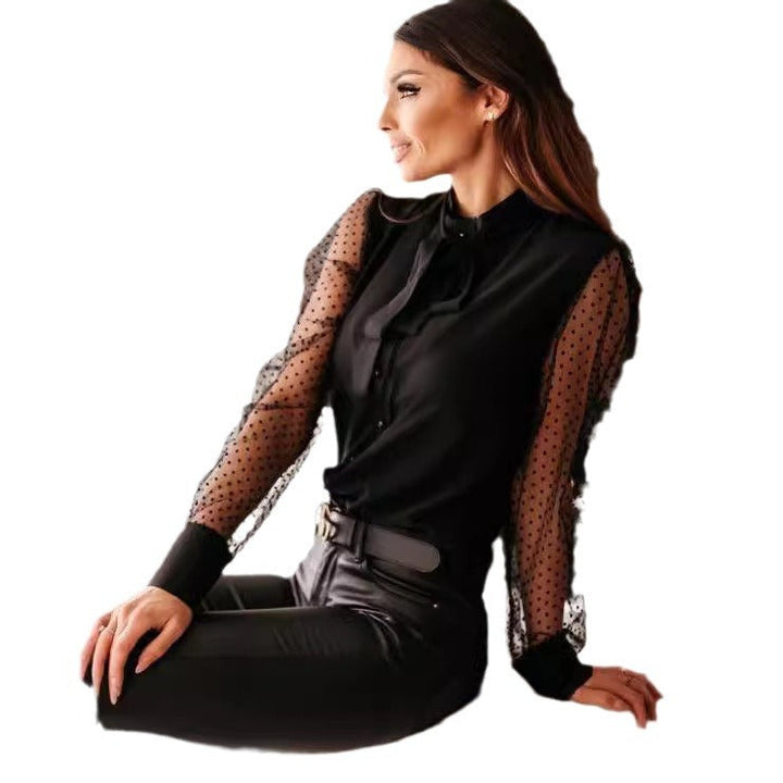 Damen Bluse mit transparenten Puffärmeln und filigranem Schleifen-Detail Drune