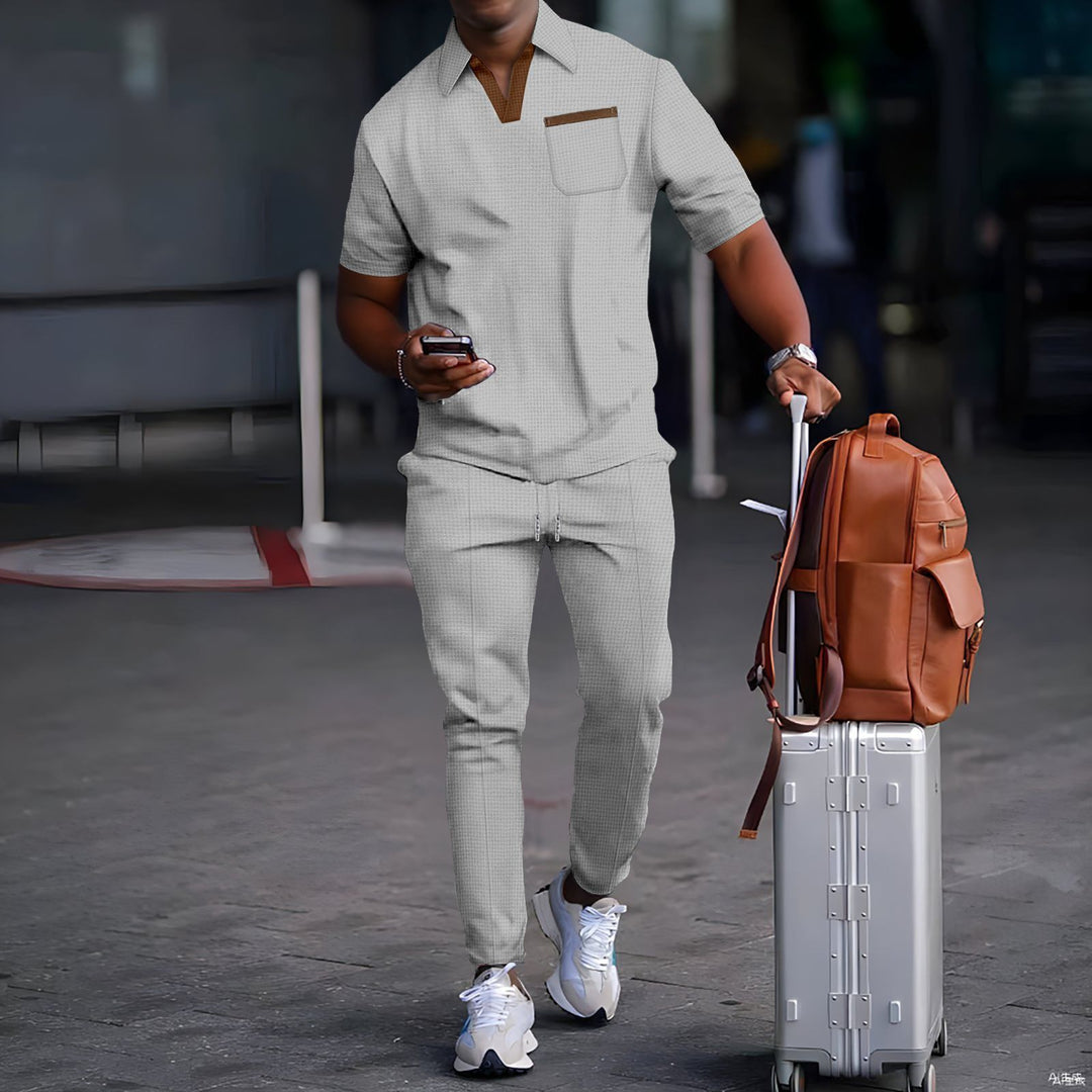 Herren nan lässiges Freizeitset aus elastischem Jersey mit V-Ausschnitt Brusttasche und Kordelbund Drune
