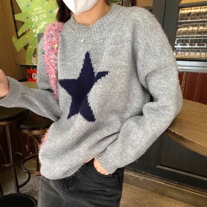 Damen nan oversized Strickpullover mit markantem Sternmotiv, Rundhalsausschnitt und gerippten Bündchen Drune