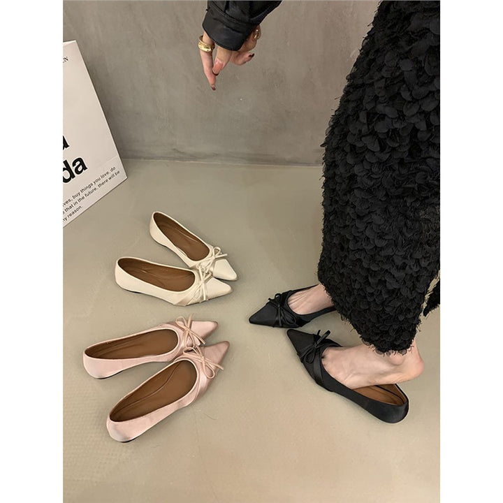 Damen Elegante spitz zulaufende Satin‑Ballerinas im Slipper‑Stil mit zierlicher Schleife Drune