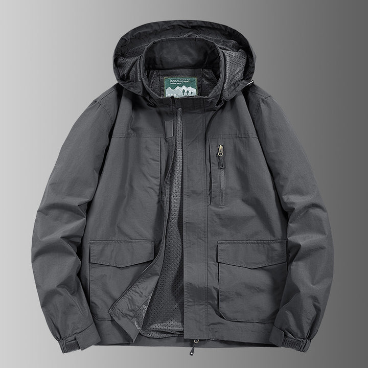 Herren Kapuzen-Outdoorjacke mit atmungsaktivem Meshfutter, wasserabweisender Ripstop‑Hülle & verdecktem Frontreißverschluss Drune