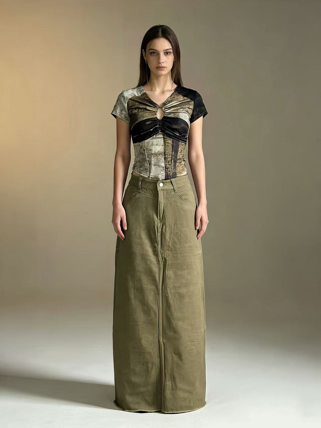 Damen nan langer High-Waist Denim-Maxirock mit gerader Silhouette und rohem Saum Drune
