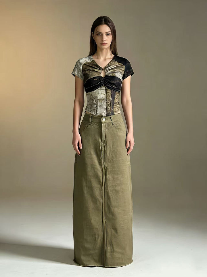 Damen nan langer High-Waist Denim-Maxirock mit gerader Silhouette und rohem Saum Drune