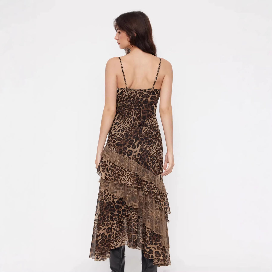 Damen elegantes Midikleid mit asymmetrischem Volant und Animal-Print Drune