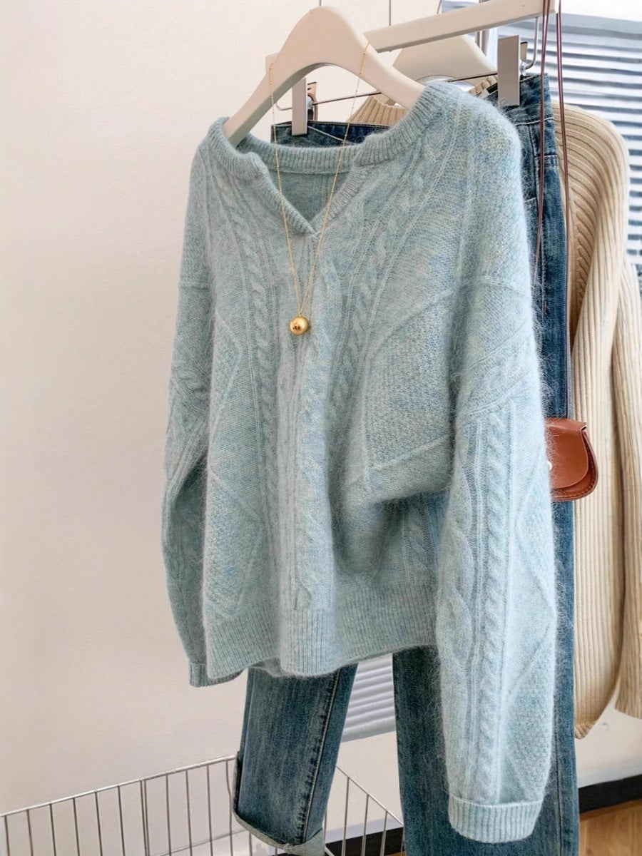 Damen Oversize Mohair-Optik Zopfmusterpullover mit V‑Ausschnitt und überschnittener Schulter Drune