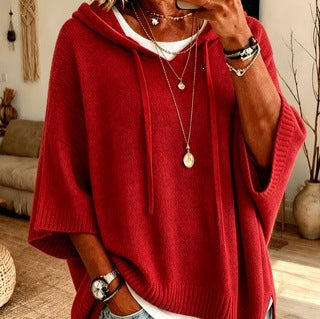 Damen nan Oversize Strickponcho mit Kapuze und kurzen Ärmeln Drune