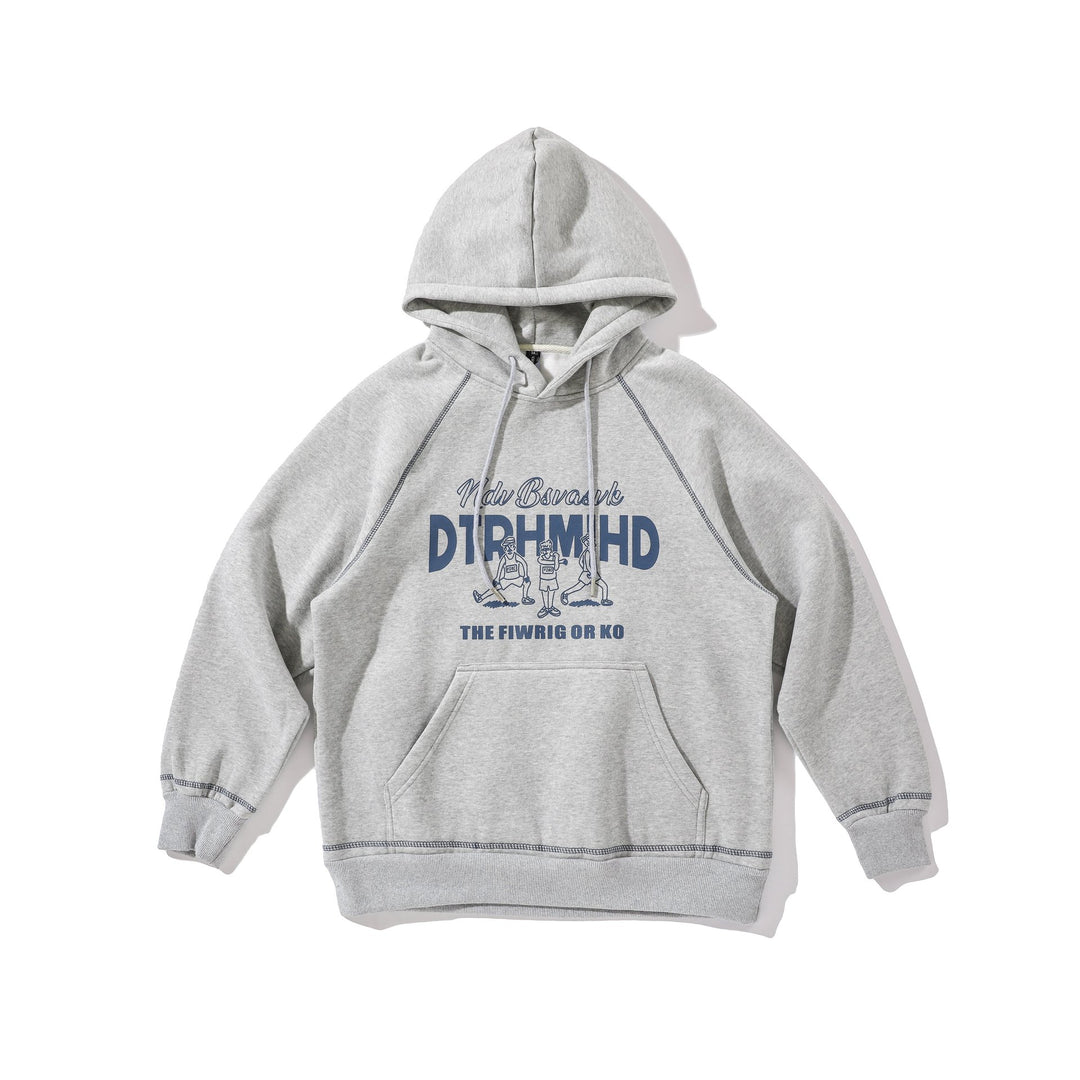 Unisex Oversize Kapuzenpullover mit Raglannähten, Kängurutasche und Vintage-Print Drune