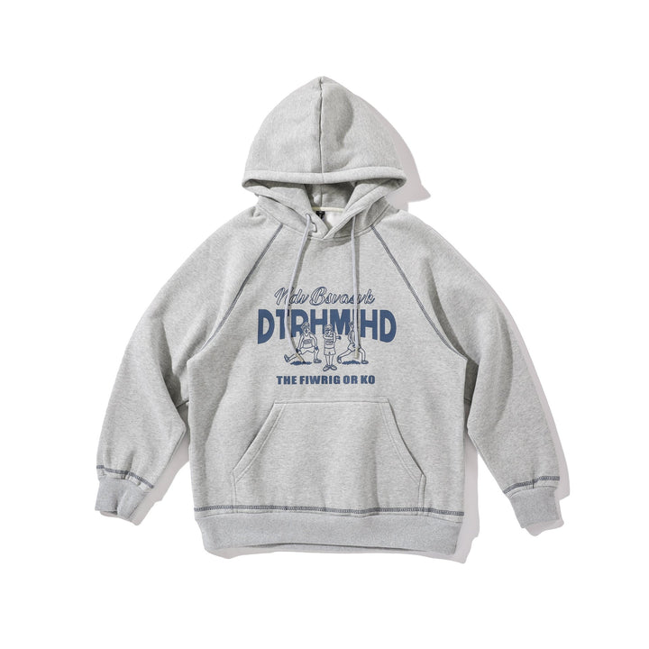 Unisex Oversize Kapuzenpullover mit Raglannähten, Kängurutasche und Vintage-Print Drune