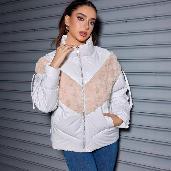 Damen Wattierte Steppjacke mit Kunstfell-V‑Einsatz, Stehkragen & Reißverschluss Drune