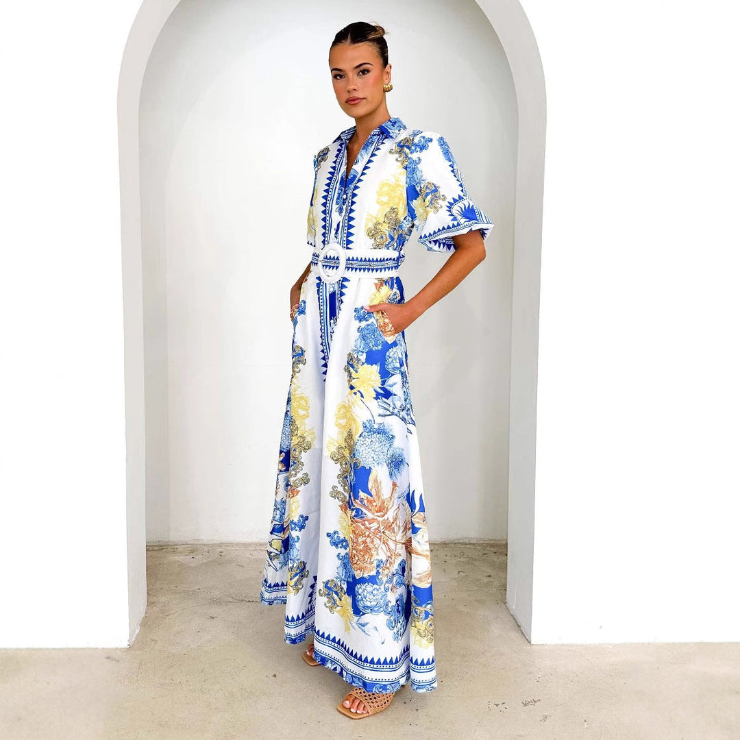 Damen Maxikleid mit floralem Knopfleisten-Design und tailliertem Gürtel Drune
