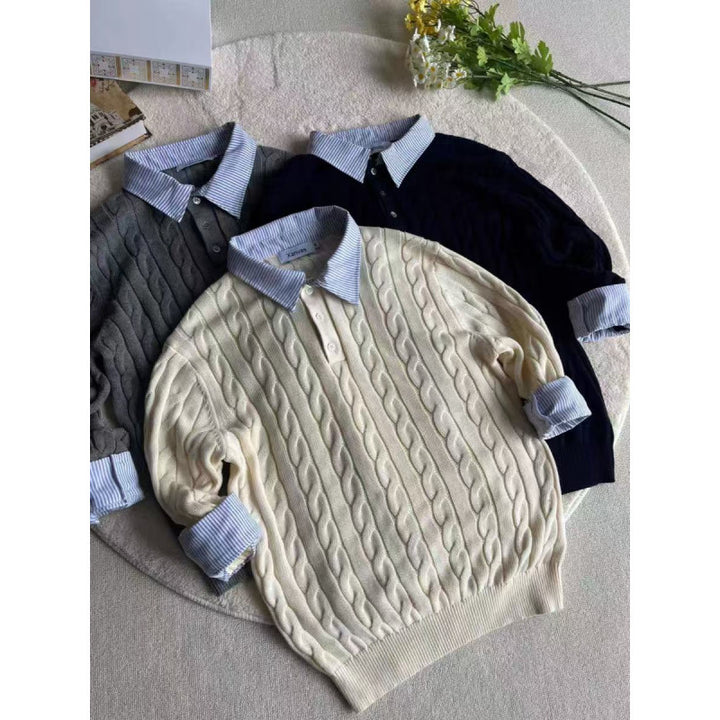 Damen nan gestrickter Polo-Pullover mit Zopfmuster und eingesetztem Hemdkragen Drune