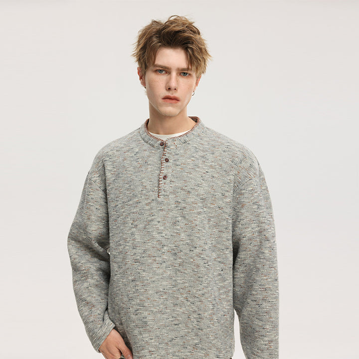Herren Melierter Strick-Henley-Pullover mit Stehkragen, lockerer Passform und Knopfleiste Drune