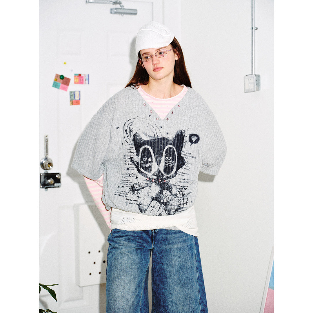 Damen Lagenlook-Longsleeve mit gestreiften Ärmelärmeln und grafischem Statement-Print Drune
