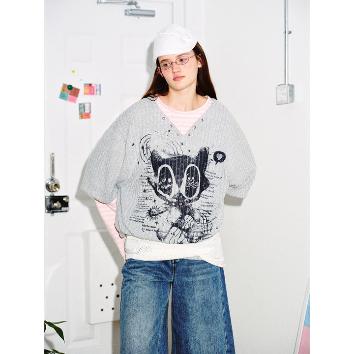 Damen Lagenlook-Longsleeve mit gestreiften Ärmelärmeln und grafischem Statement-Print Drune