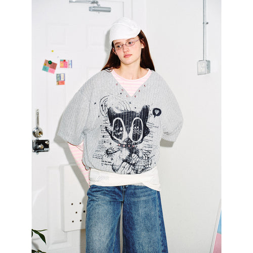 Damen Lagenlook-Longsleeve mit gestreiften Ärmelärmeln und grafischem Statement-Print Drune