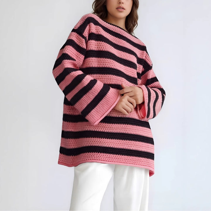 Damen gestrickter Oversized-Pullover mit breitem Streifenmuster Drune