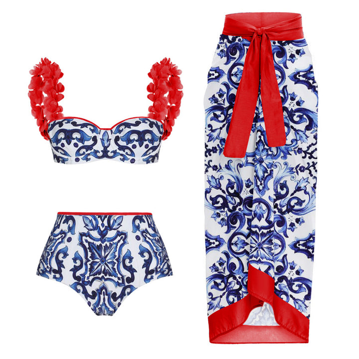 Damen Eleganter Badeanzug mit Rüschendetails und passendem Wickelrock Drune