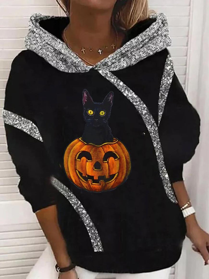 Damen Halloween Kapuzenpullover mit Kürbis- und Katzenprint, Paillettenbesatz und Oversize-Schnitt Drune