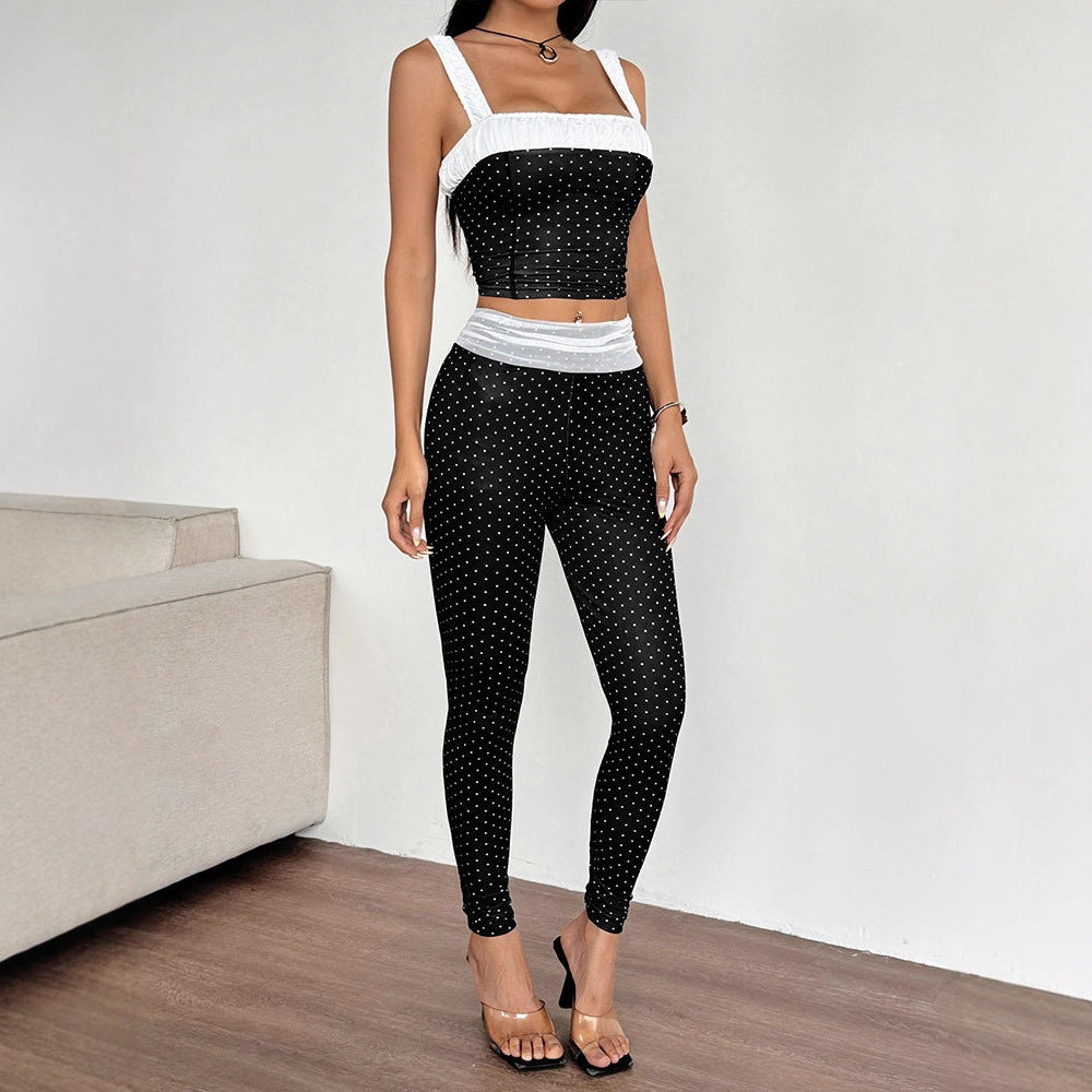 Damen Zweiteiliges Set mit gepunktetem Top und passender Hose Drune