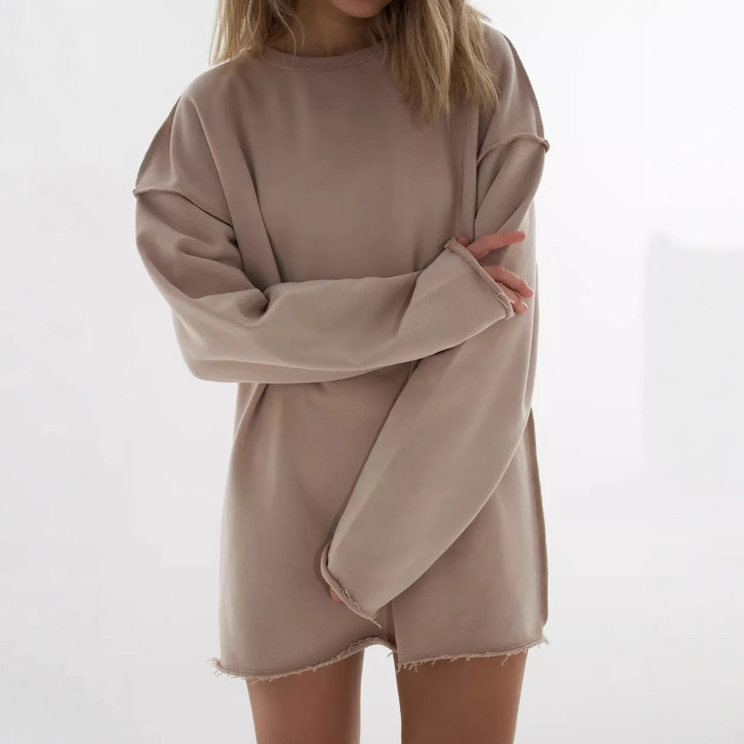 Damen oversized Sweatshirt mit ausgefranstem Saum und verlängerten Ärmeln Drune