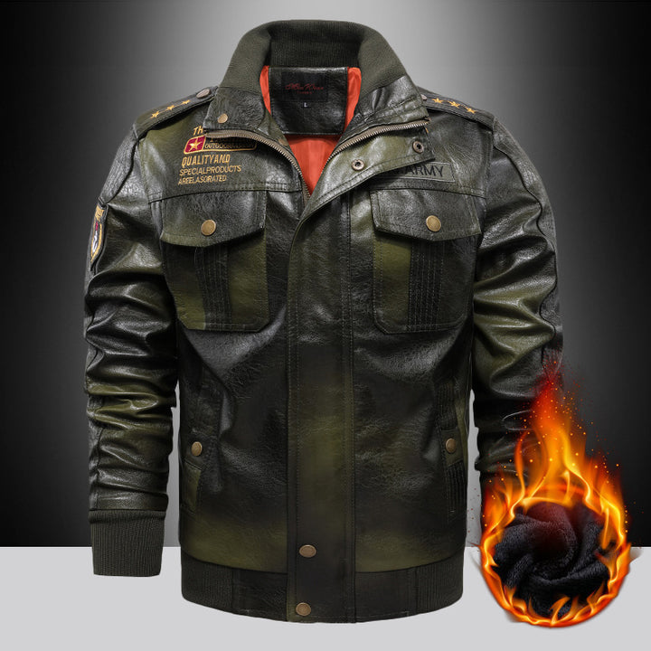 Herren isoliertes Kunstleder-Fliegerblouson im Military-Look mit Applikationen und gerippten Abschlüssen Drune