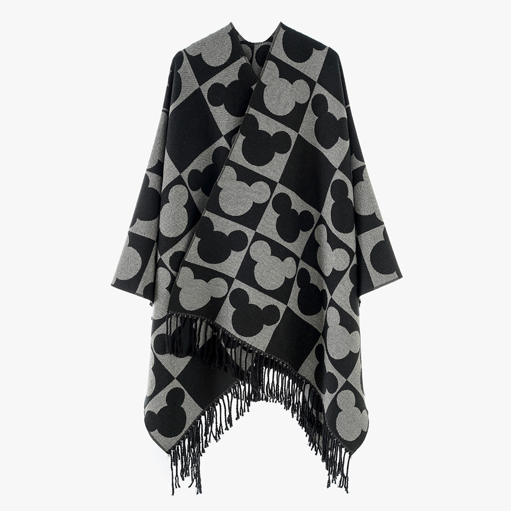 Damen Oversize-Capeponcho mit Jacquard-Motiv und Fransen Drune