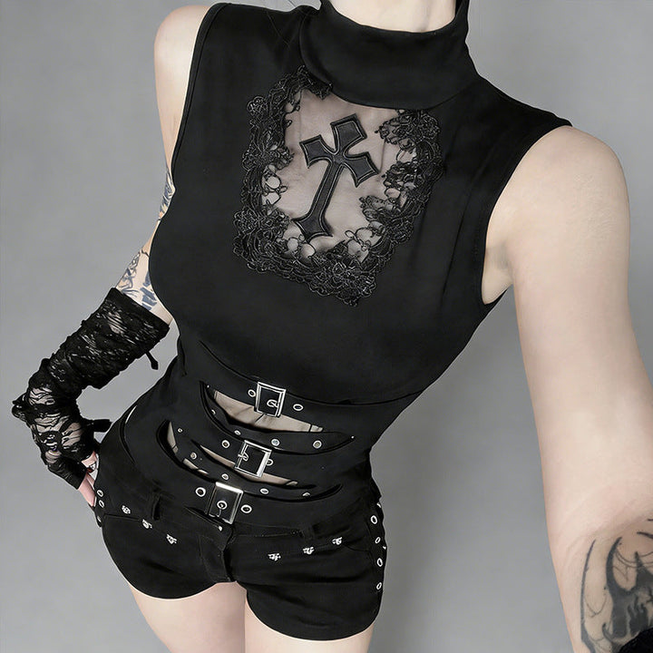 Damen Gothic Body mit dekorativem Spitzen- und Kreuzdesign und tailliertem Schnitt Drune