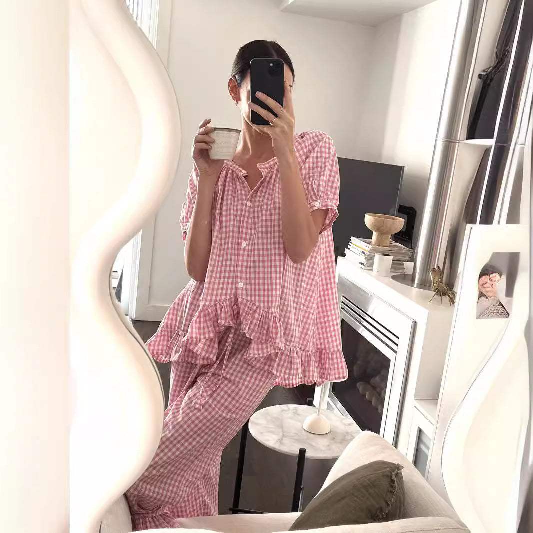 Damen Pyjama-Set mit Rüschen und Karomuster Drune