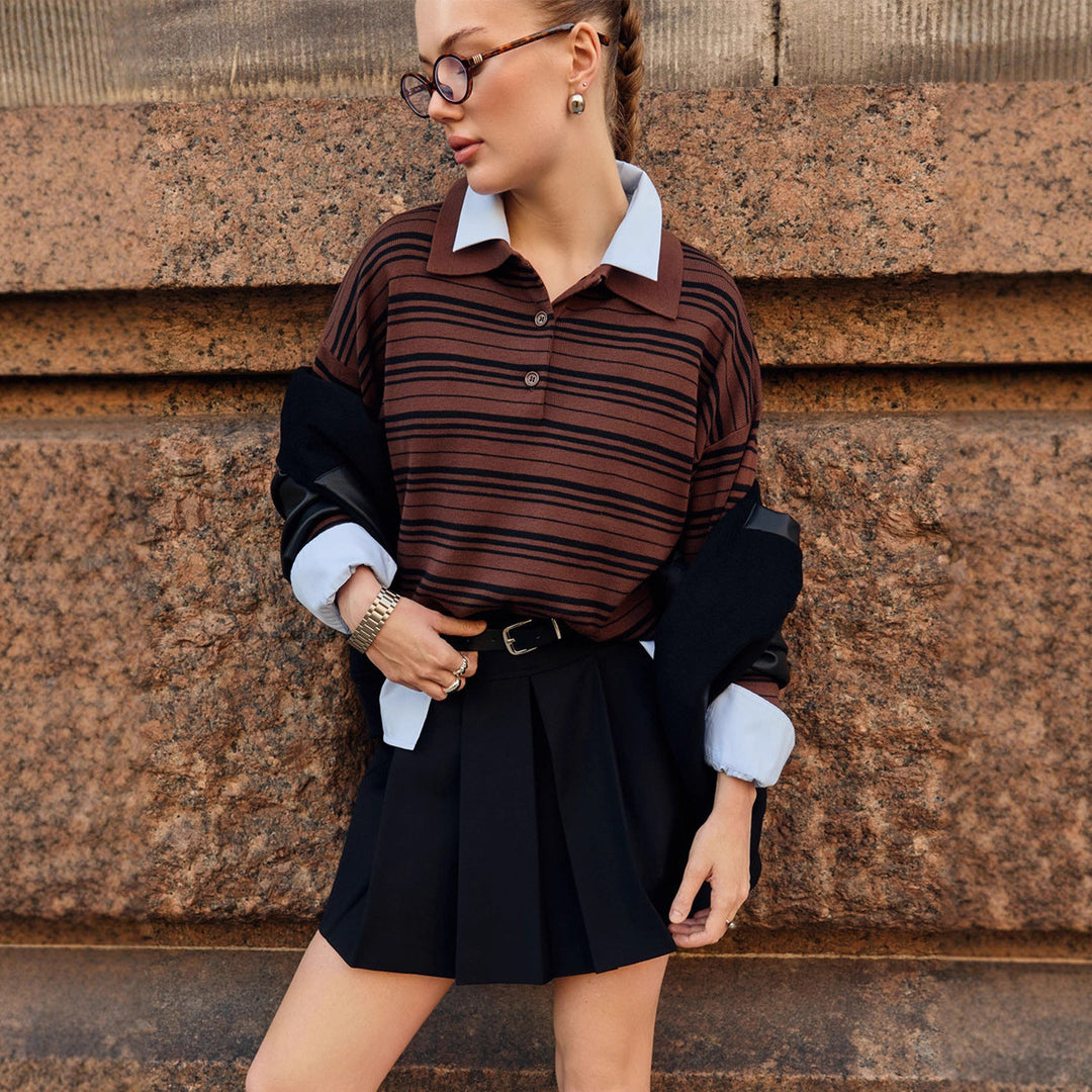 Damen Gestreifter Polo-Pullover mit Knopfleiste und langem Schnitt Drune