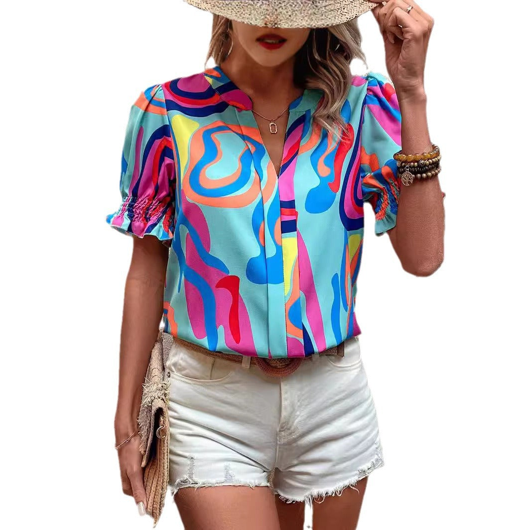 Damen Bluse mit kessen Puffärmeln und kreativem Grafikdesign Drune