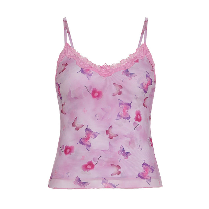 Damen Spaghetti-Top mit floralem Design und Spitzenrand Drune